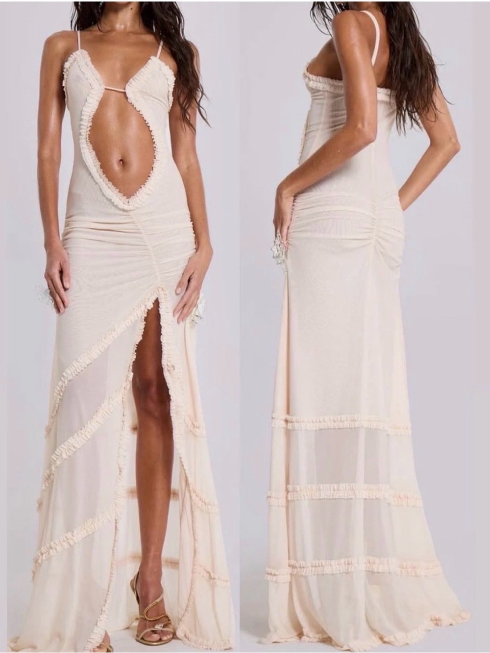 Jaded London Cream Cutout Ruffle Maxi Dress